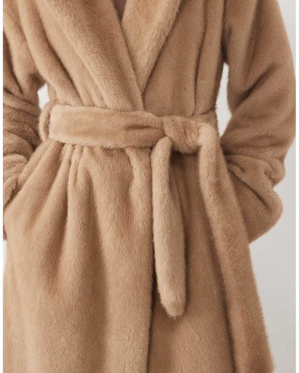 4th & Reckless Natural Brushed Faux Fur Collared Tie Waist Maxi Coat