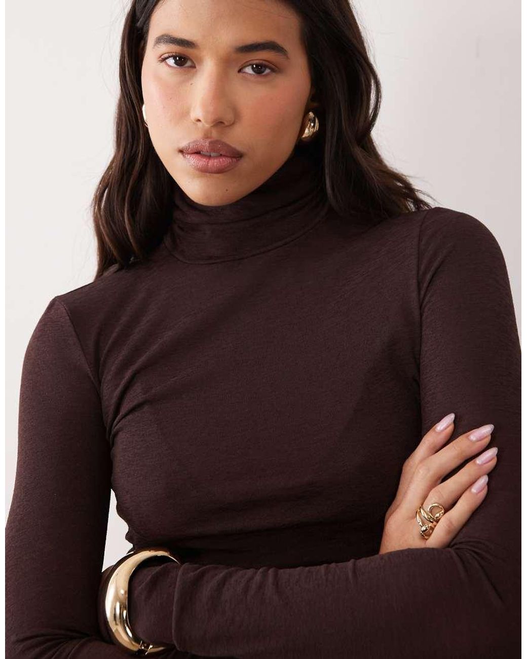 Noughts & Kisses Brown Gina Sheer Knitted Roll Neck Top
