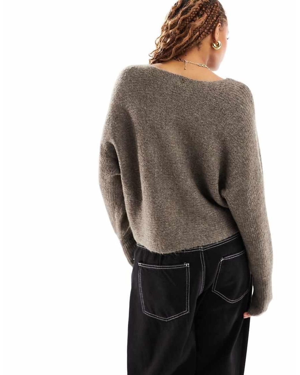 ONLY Gray Ribbed Wide Neck Sweater
