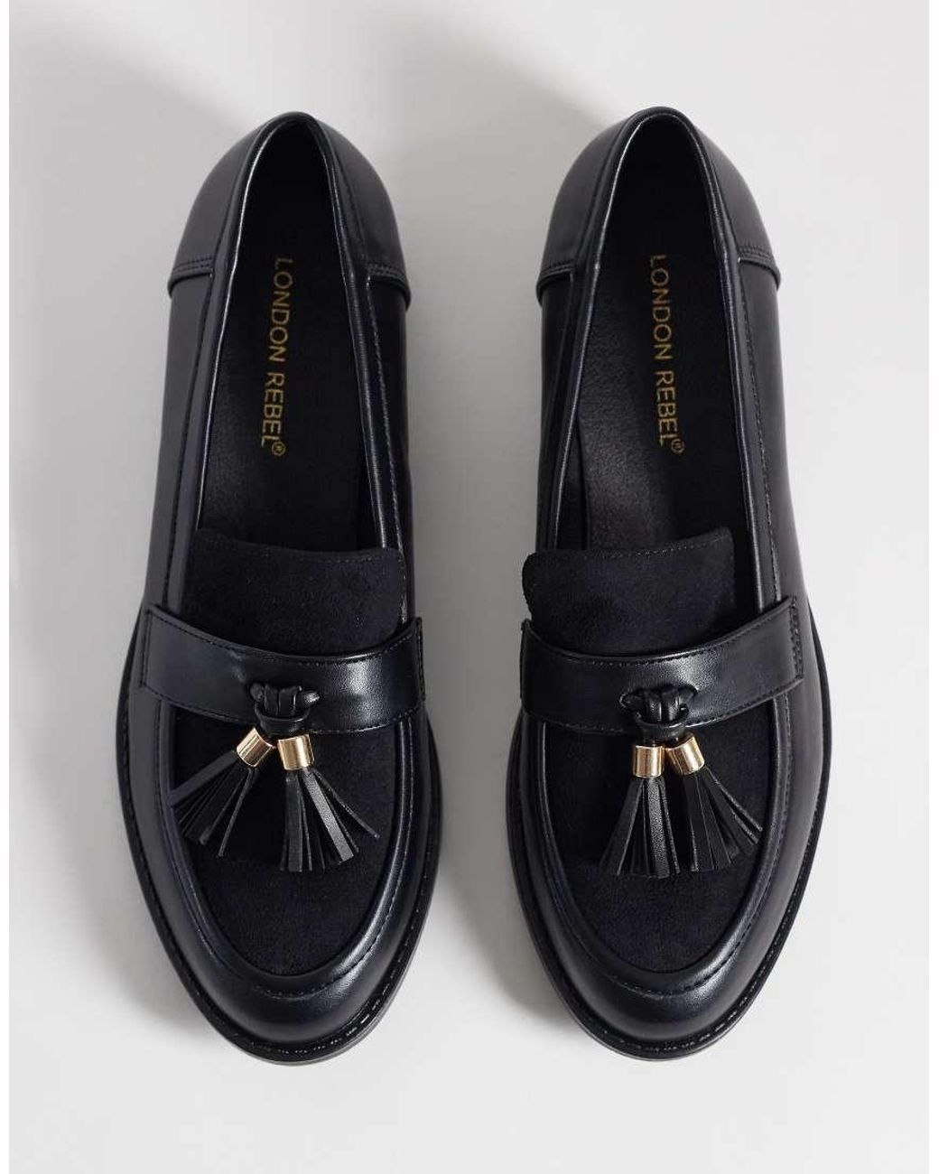 London Rebel Black Amber Tassel Penny Loafers