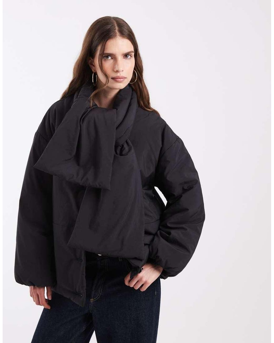 Object Black Button Front Quilted Jacket With Scarf Detail