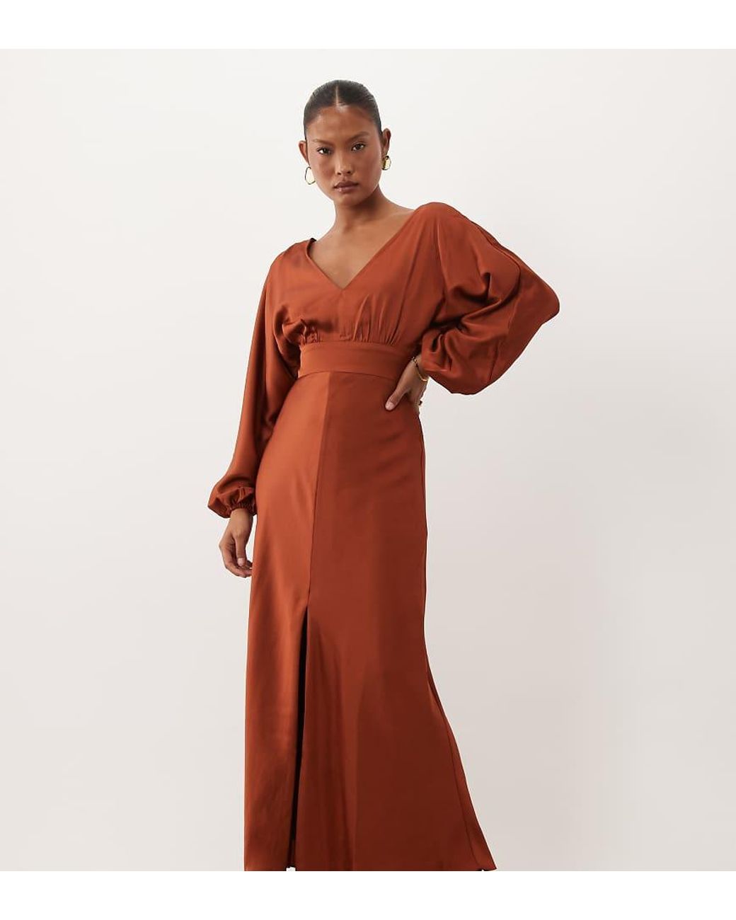 Forever New Red Satin V Neck Batwing Slit Front Maxi Dress
