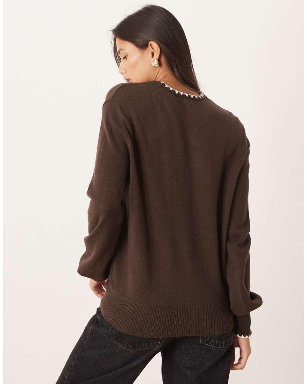 Threadbare Brown Crew Neck Jumper With Contrast Blanket Stitch