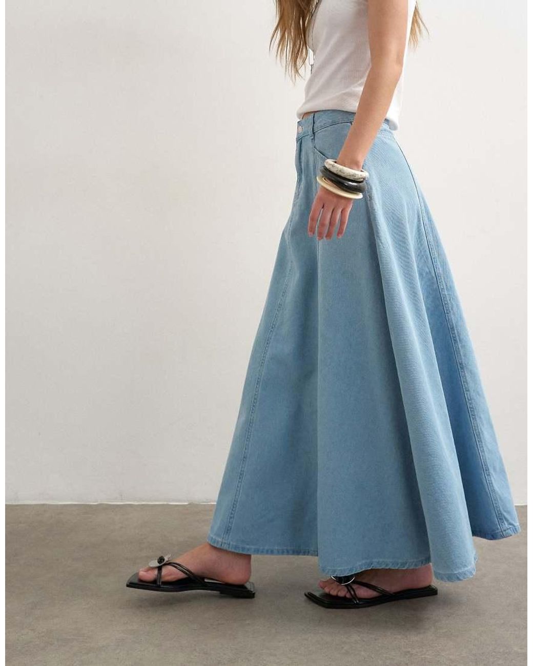 TOPSHOP Blue Denim Seamed Circle Skirt