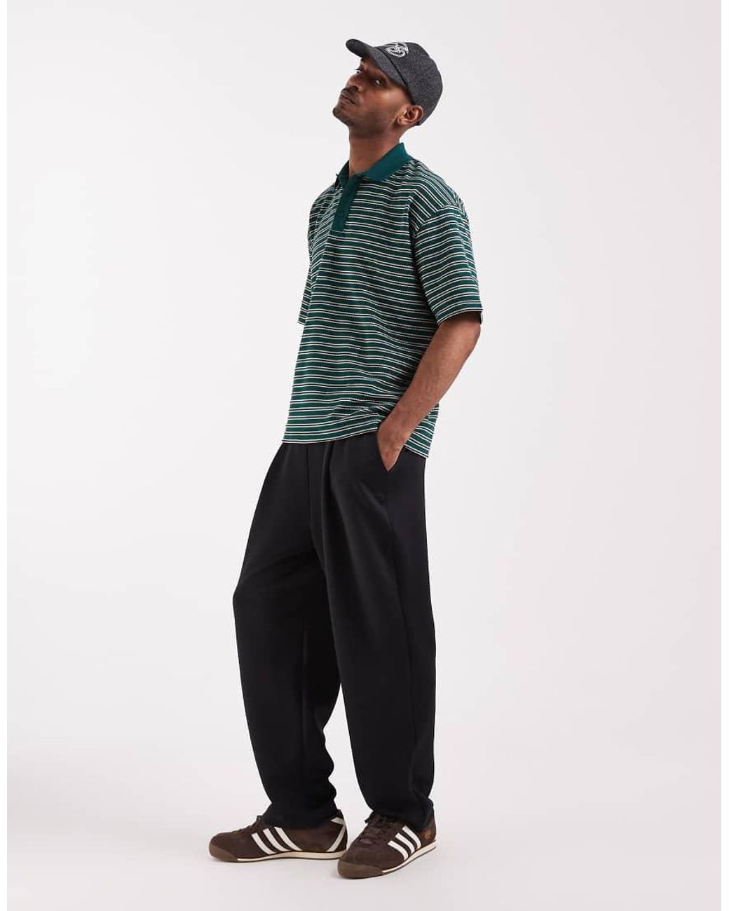 ASOS Black Heavyweight Relaxed Polo With Textured Stripe for men