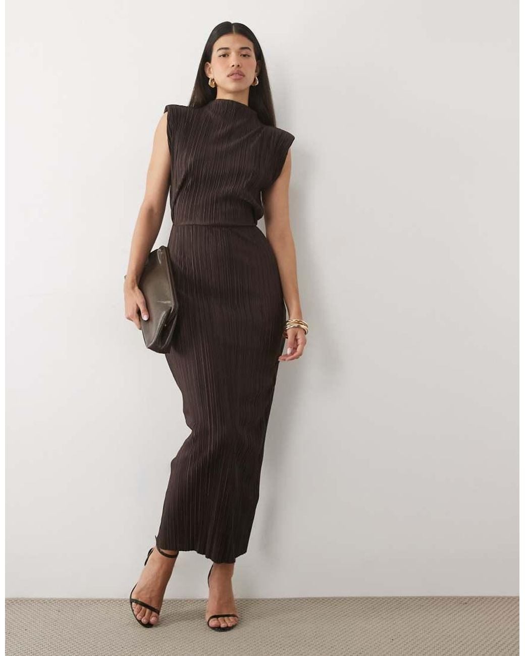 ASOS Brown Plisse High Neck Column Midi Dress With Shoulder Pads