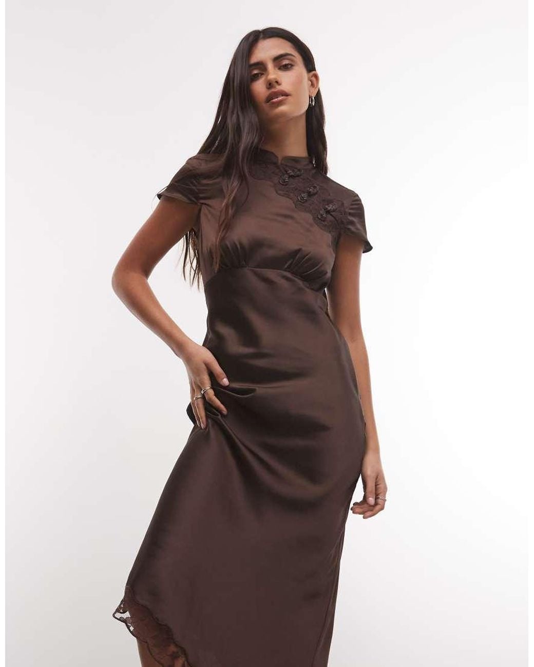 Reclaimed Vintage Brown Mandarin Collar Maxi With Asymmetric Hem