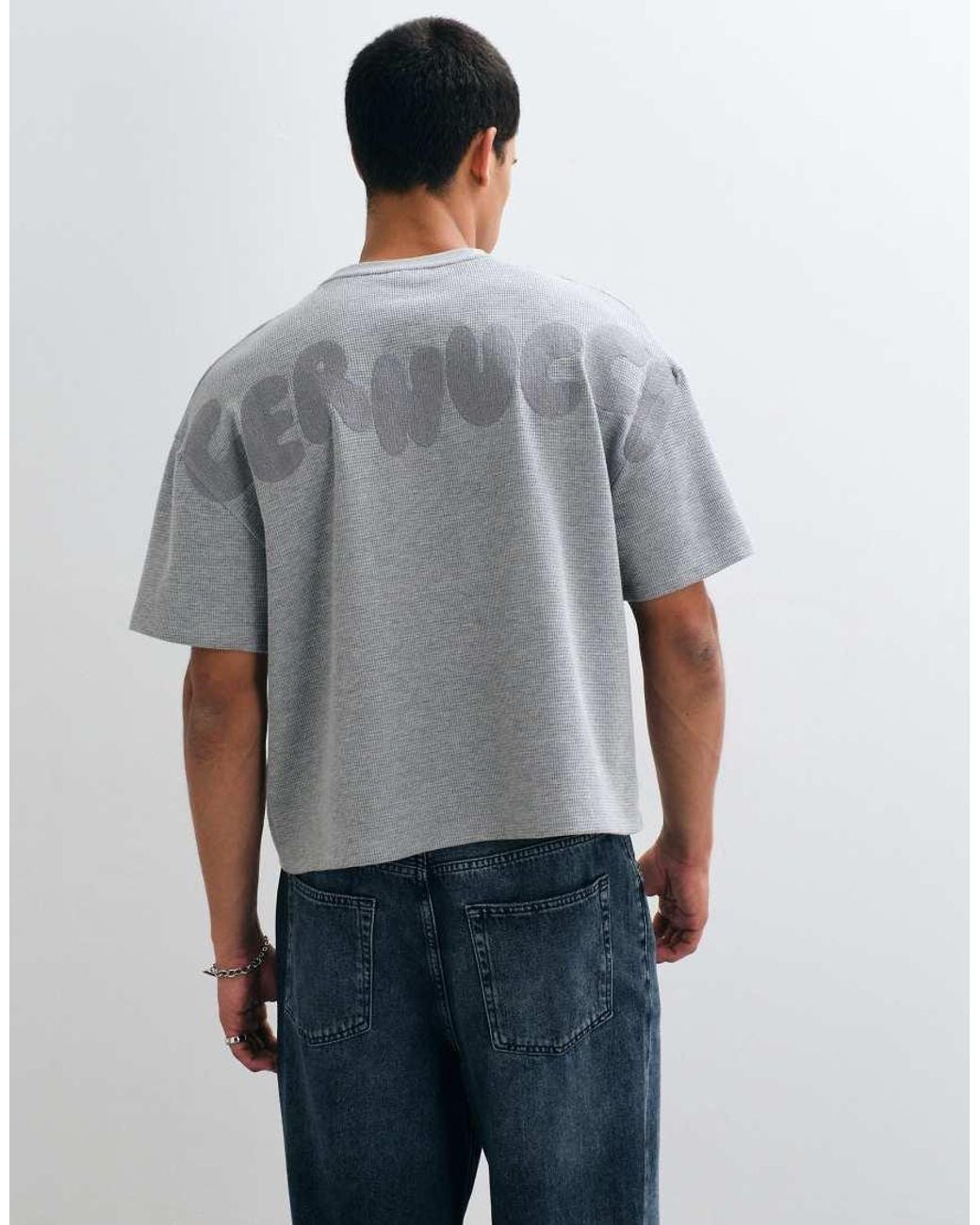 CERNUCCI Gray Waffle Boxy Fit T-Shirt With Chain Stitch Logo Back Print for men