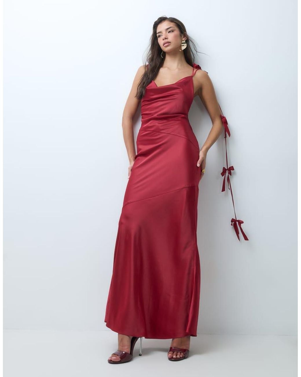 Wanderdoll Red Aria Satin Cowl Neck Bow Drape Detail Strappy Back Maxi Dress