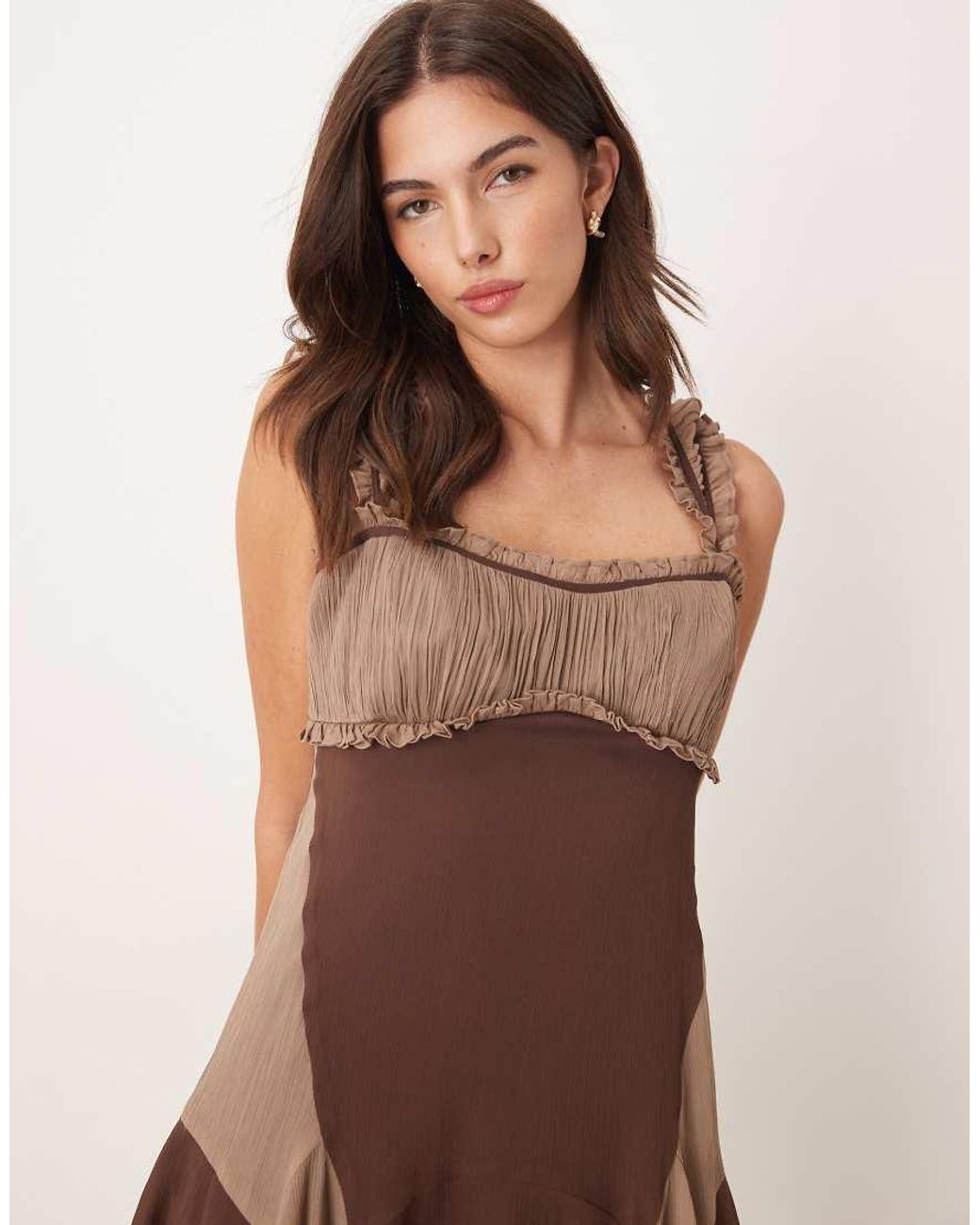 ASOS Brown Cap Sleeve Contrast Ribbon Ruffle Hem Mini Dress