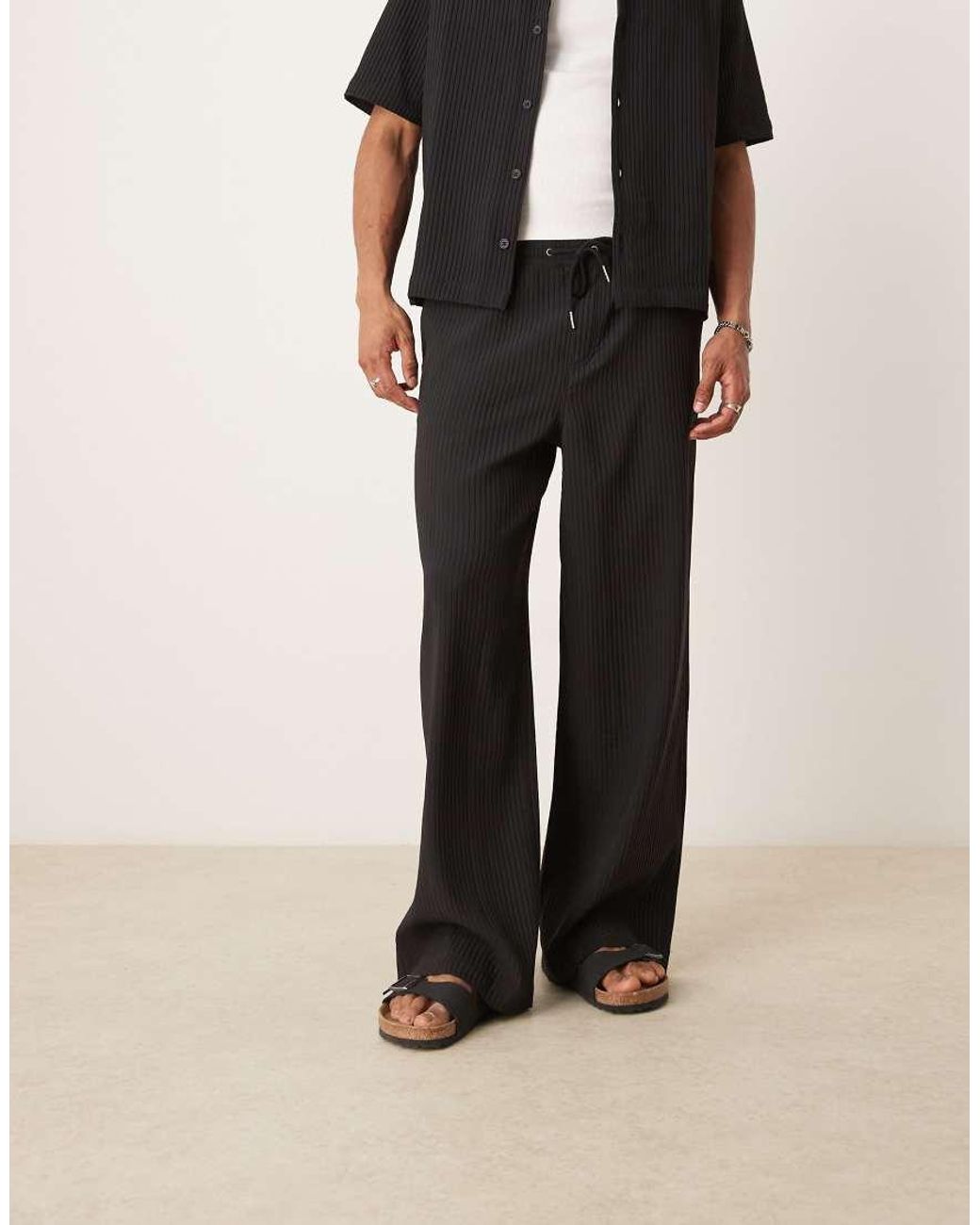 ASOS Natural Co-ord Wide Leg Plisse Trousers for men