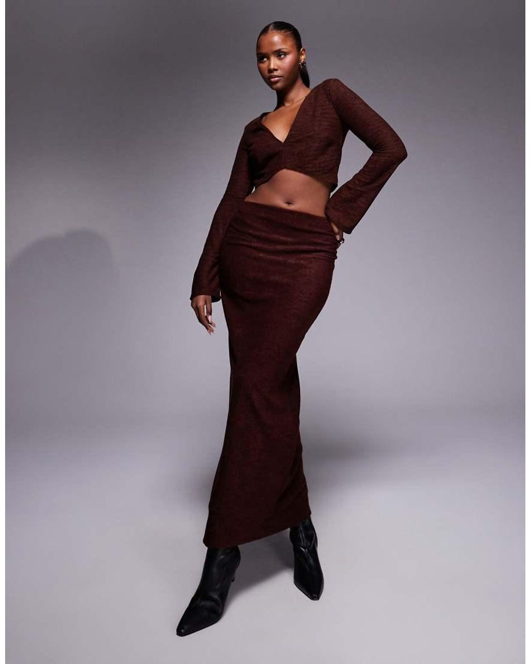 ASOS Brown Co-ord Brushed Rib V Front Crop Top With Flare Sleeve