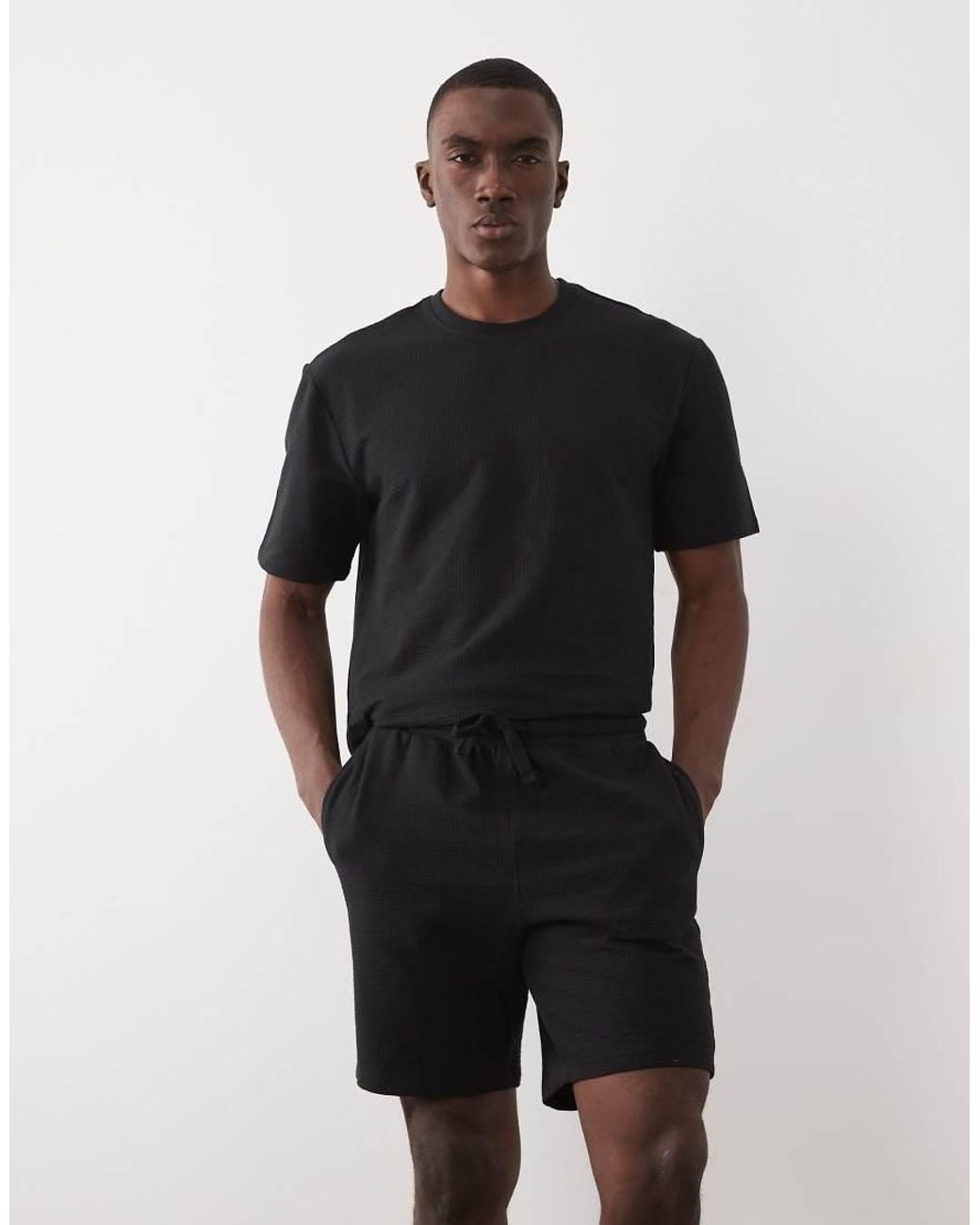 Only & Sons Black Waffle Short Co-Ord for men