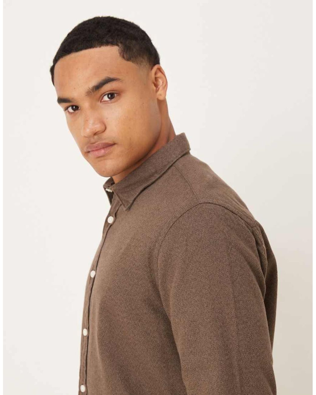 SELECTED Brown 100% Cotton Oversized Boxy Brushed Shirt for men
