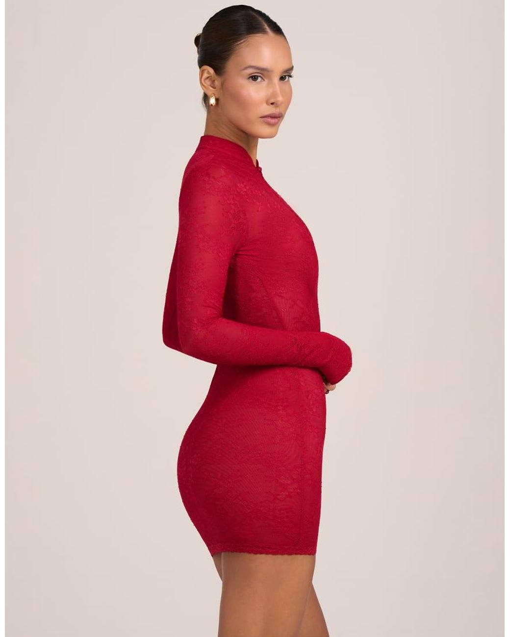 Oh Polly Red Lace Mesh Mandarin Collar Mini Dress