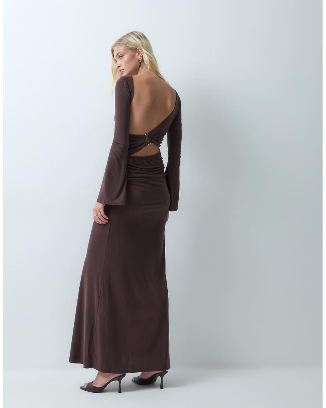 ASOS Brown Slash Neck Slinky Maxi Dress With Open Back And Trim Detail