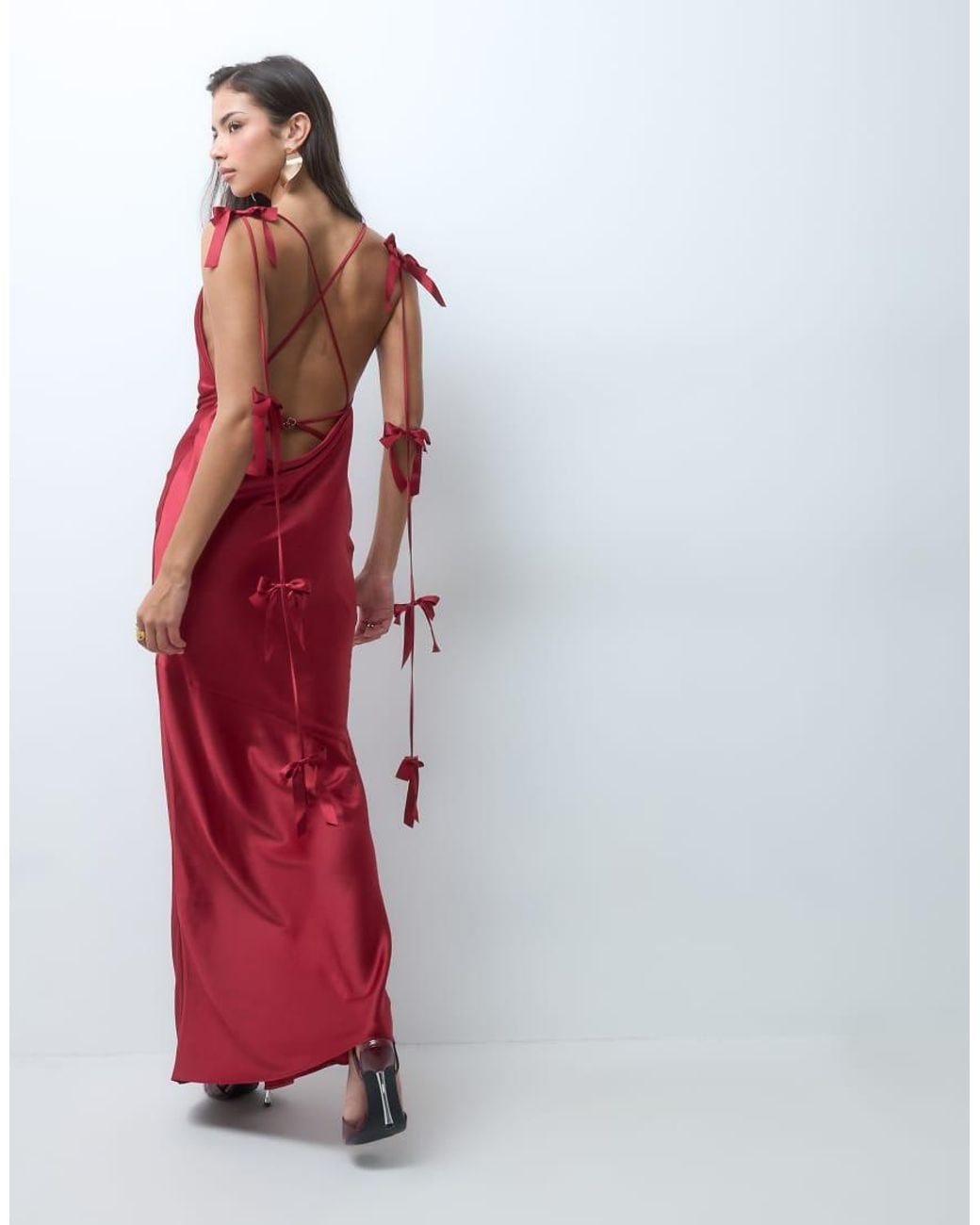 Wanderdoll Red Aria Satin Cowl Neck Bow Drape Detail Strappy Back Maxi Dress
