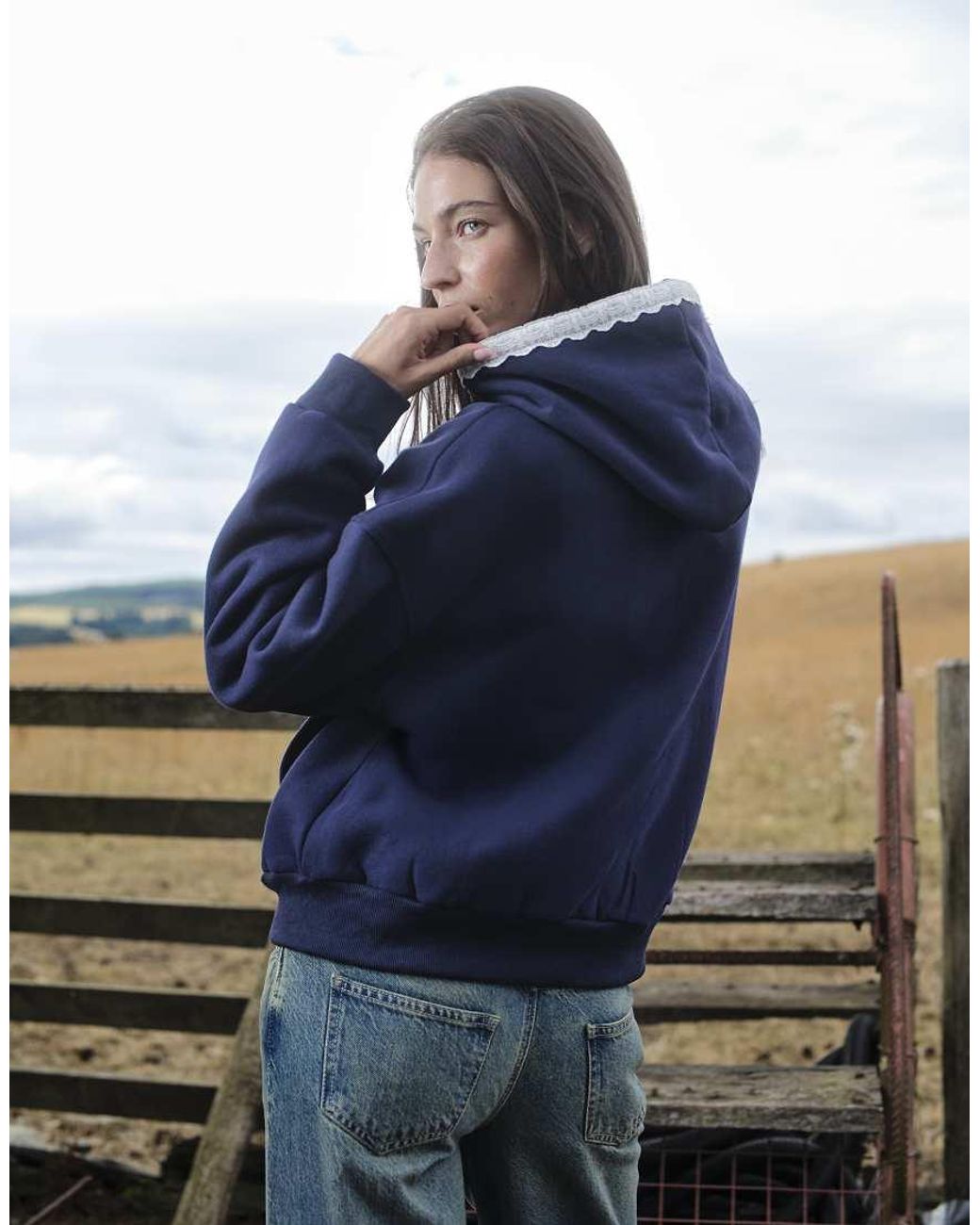 Daisy Street Blue T Zip Up Boxy Hoodie With Broderie Hood Trim