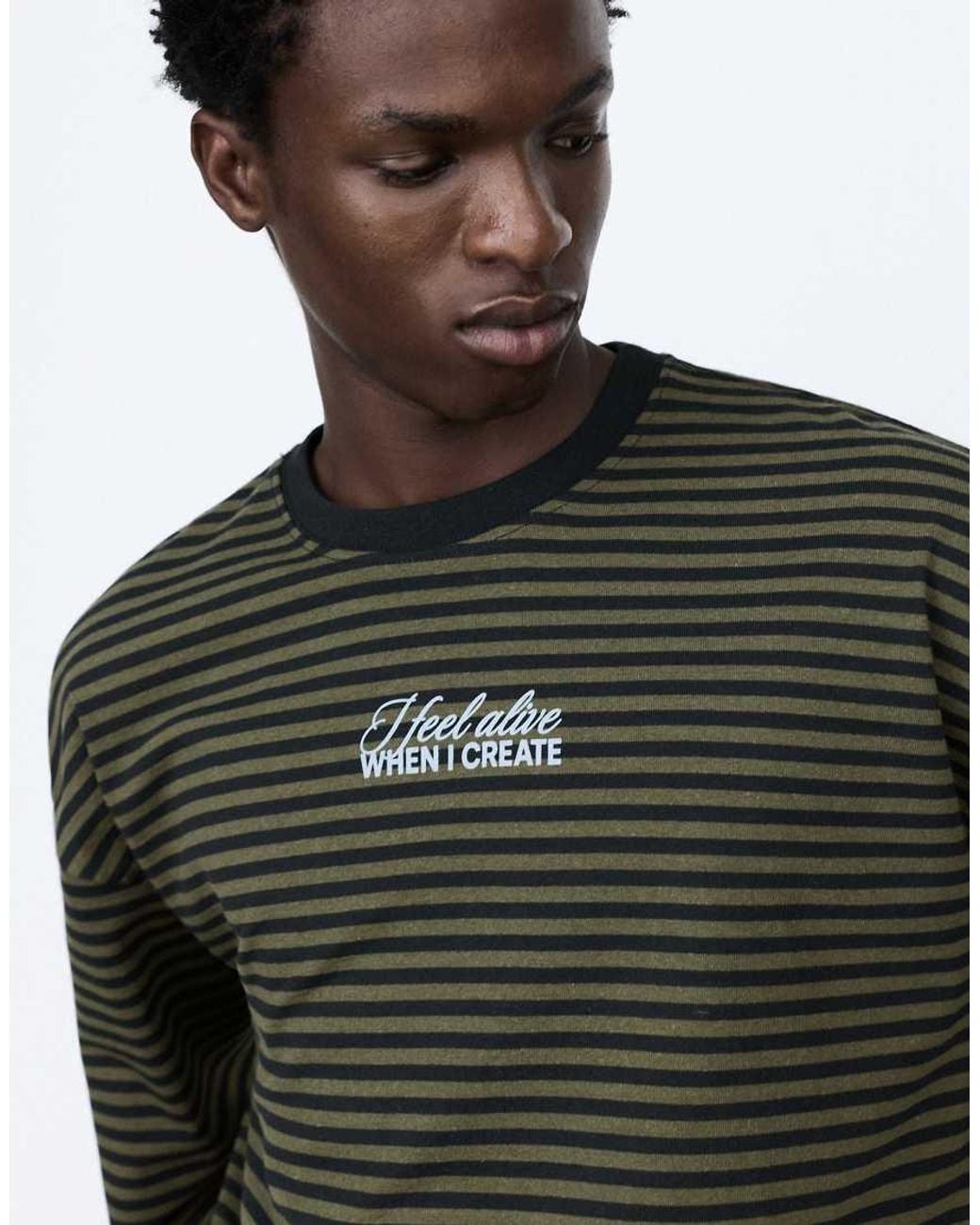 Pull&Bear Green Striped T-Shirt With Text for men