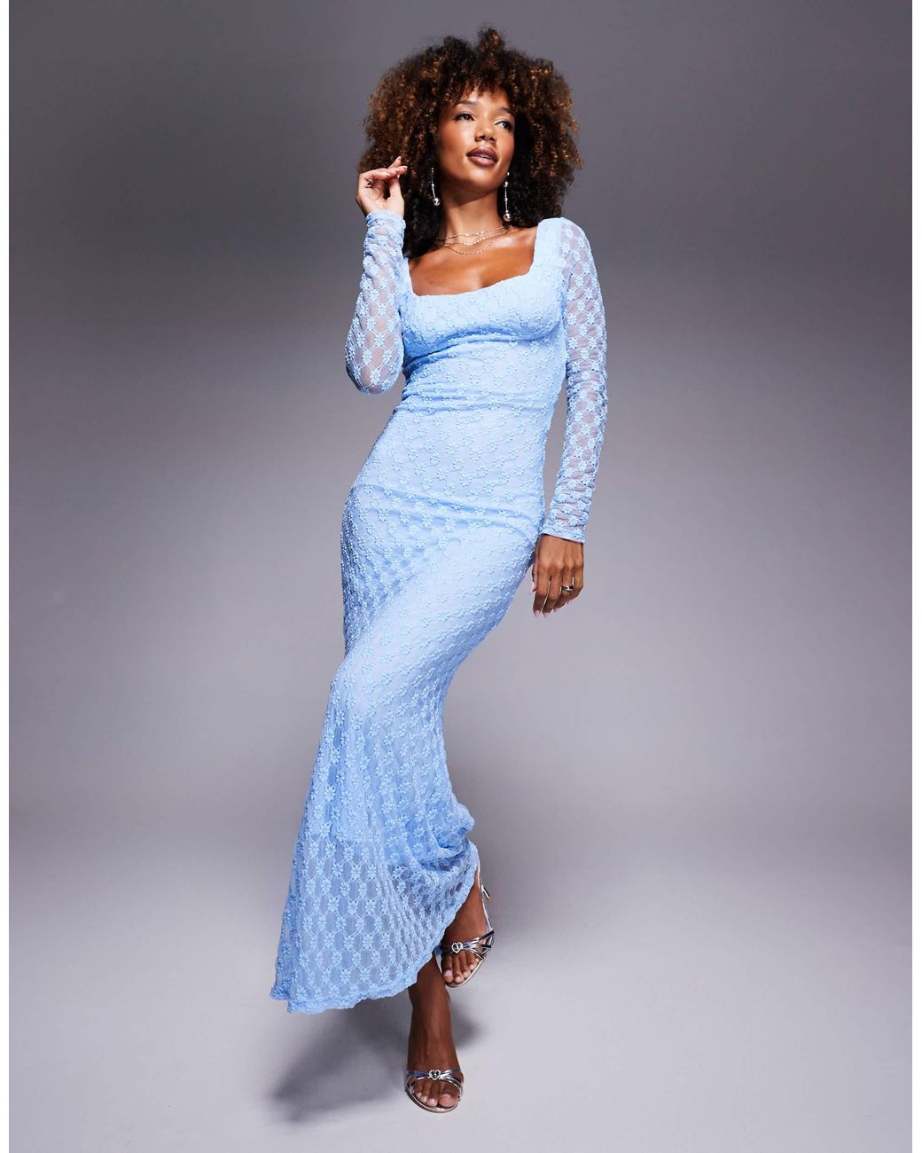 blue bardot lace dress Bardot Lace Mesh Midi Dress in Blue