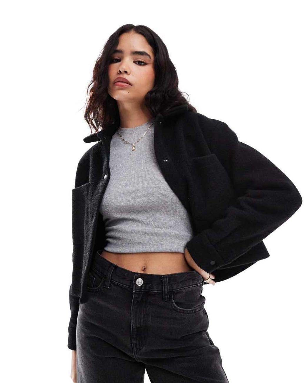 Black cropped denim jacket new look sales