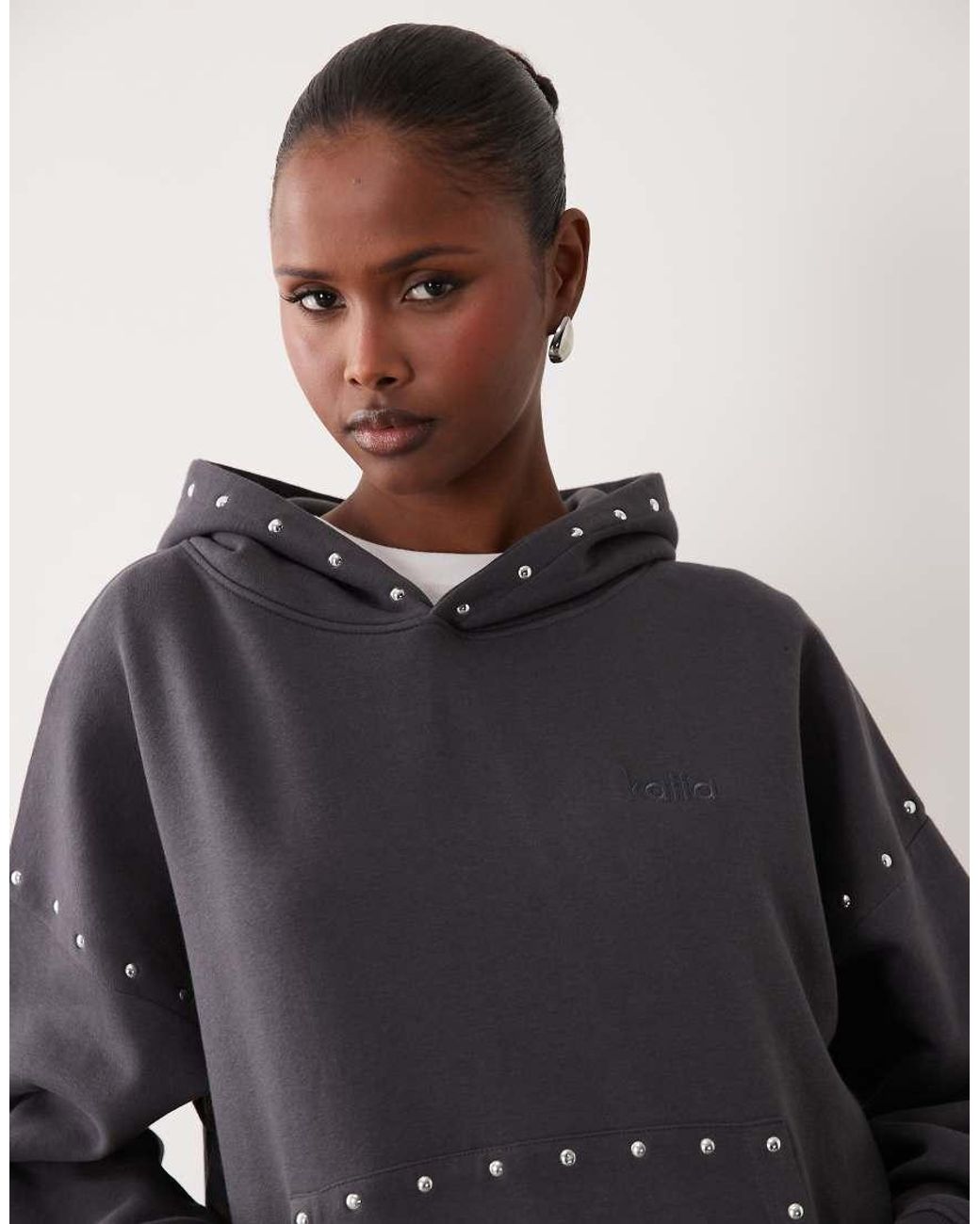 Kaiia Gray Cotton Rich Studded Oversized Embroidered Logo Hoodie