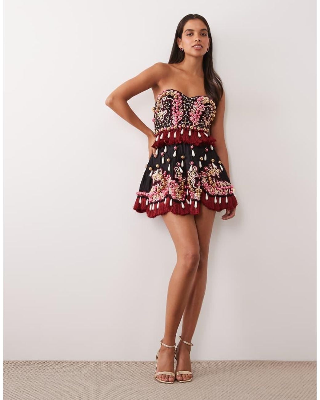 ASOS Red Heavily Embellished Mini Dress With Tassels