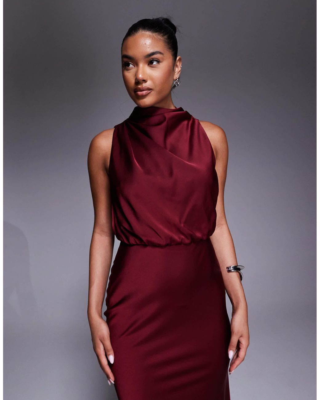 Jarlo High Neck Satin Maxi Dress in Red | Lyst