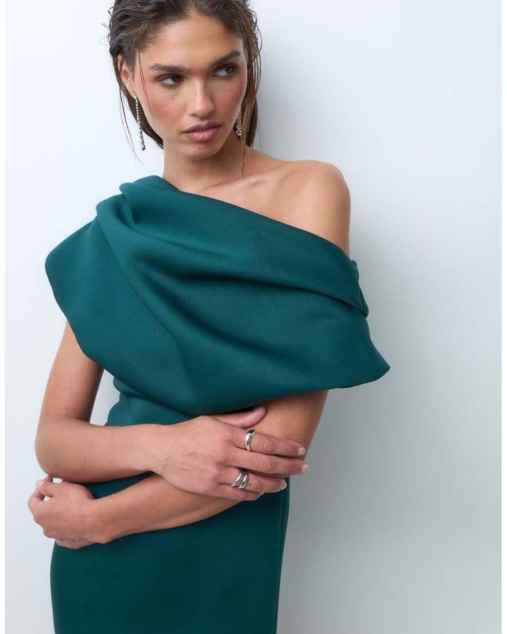 ASOS Blue Draped Off Shoulder Pencil Maxi Dress