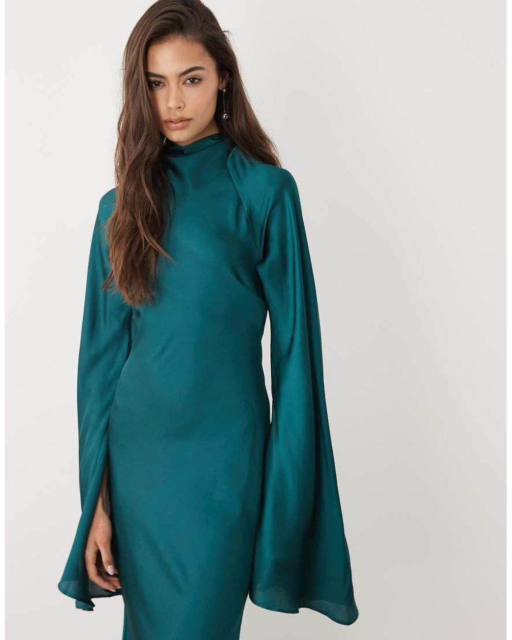 ASOS Blue Asos Design Tall Satin Maxi Dress With Split Sleeve And Scarf Detail