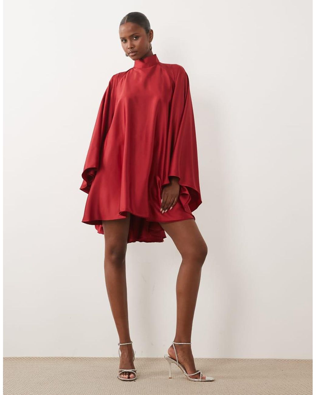The Dolls House Red Lorena Satin Volume High Neck Open Back Mini Dress