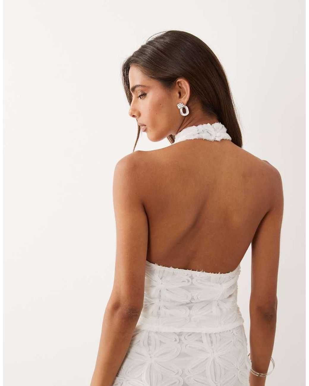 ASOS White Applique Mesh Asymmetric Halter Top