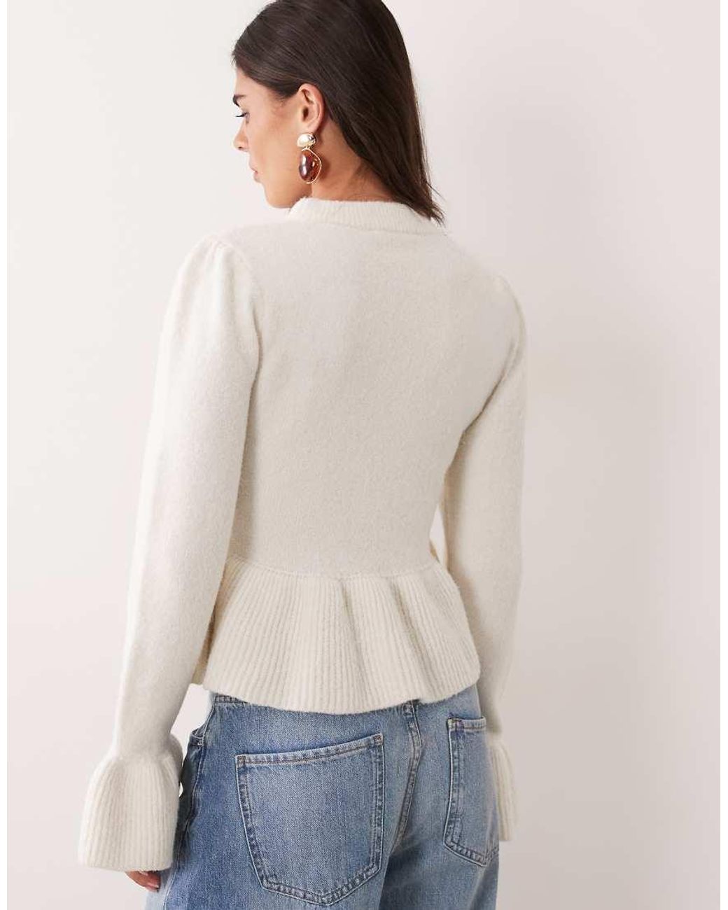 Miss Selfridge Natural Knitted Jumper With Peplum Hem And Embellishment