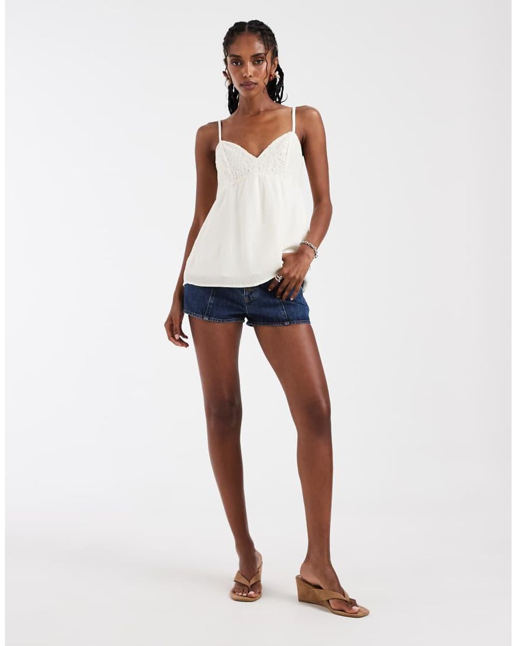 Hollister White V Neck Lace Godet Babydoll Cami Top