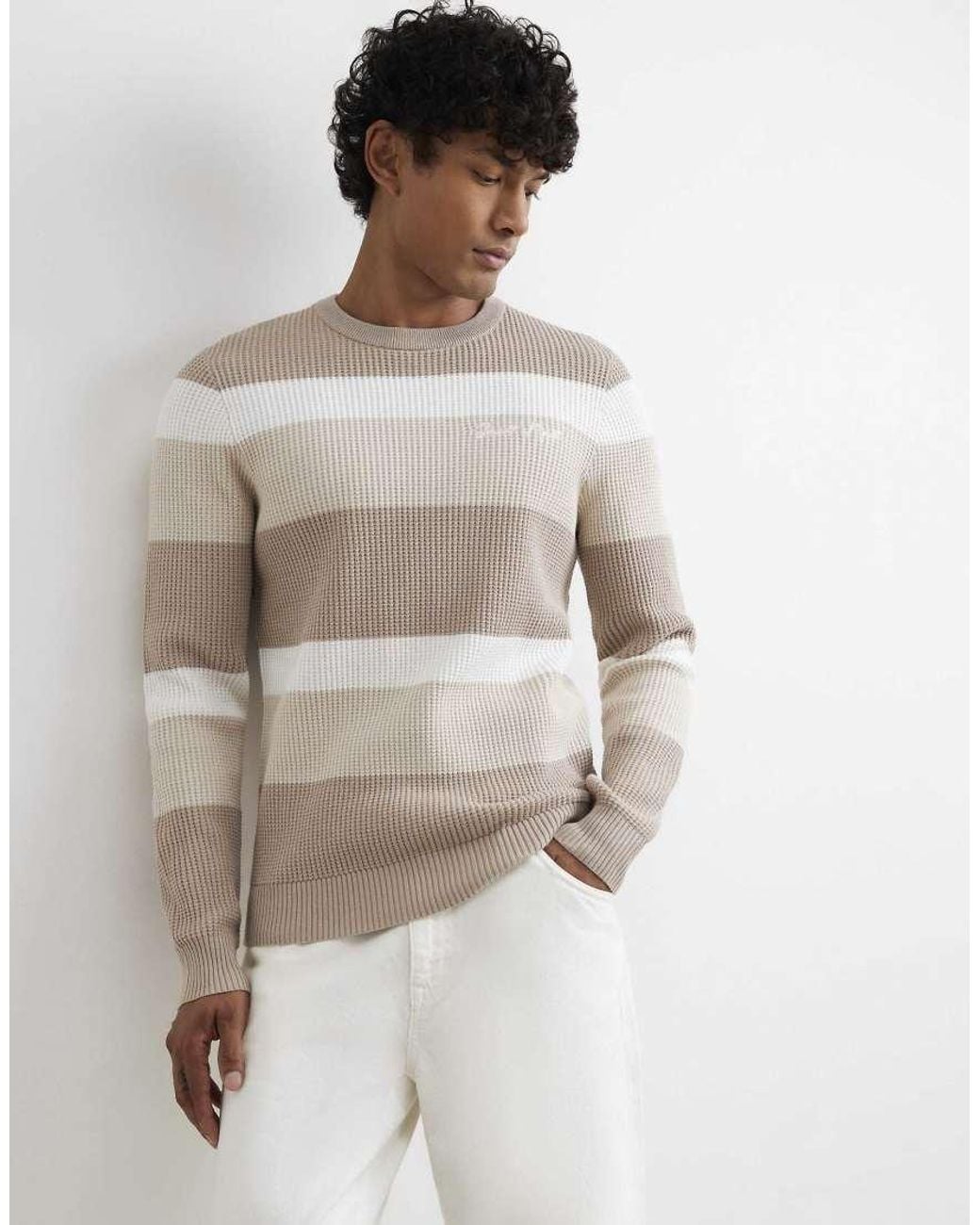 River Island Gray Knitted Stripe Cotton Blend Jumper for men