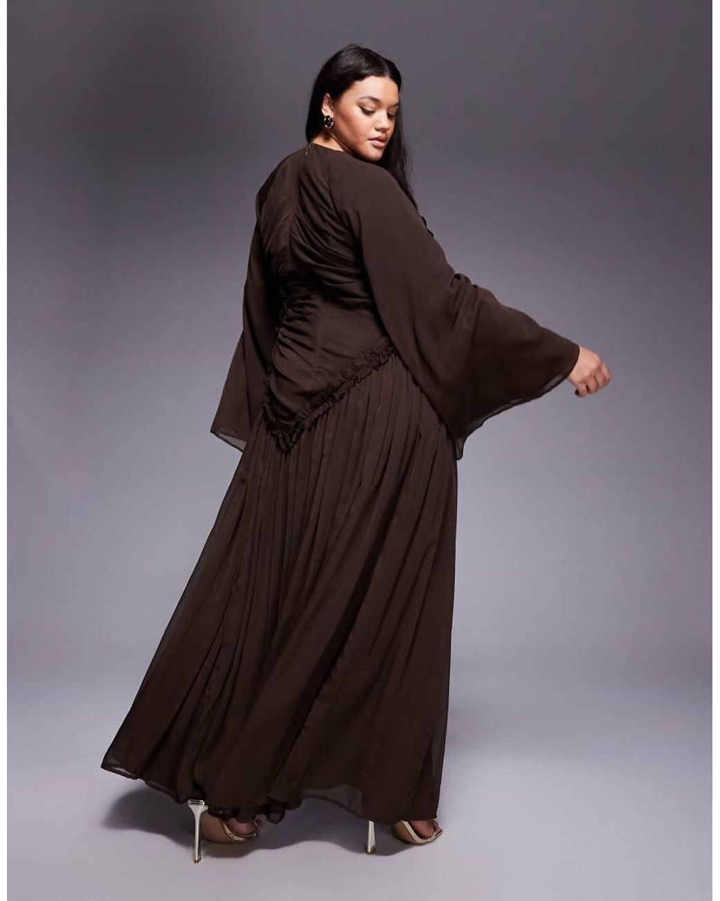 ASOS Brown Asos Design Curve Crinkle Chiffon Gathered Maxi Dress With Micro Ruffles
