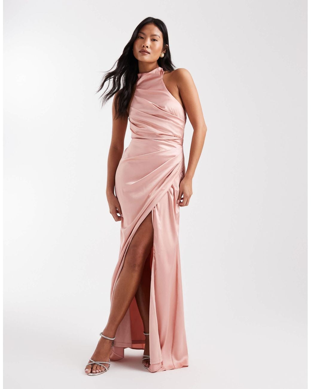 TFNC London Bridesmaid Satin Halter Neck Wrap Skirt Maxi Dress in Pink |  Lyst