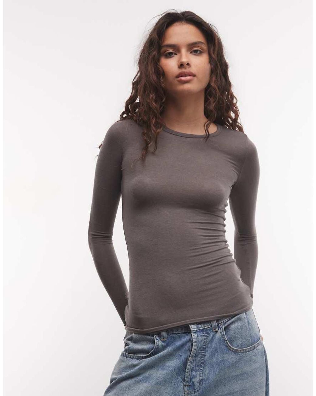 Weekday Brown Soft Semi Sheer Long Sleeve T-shirt