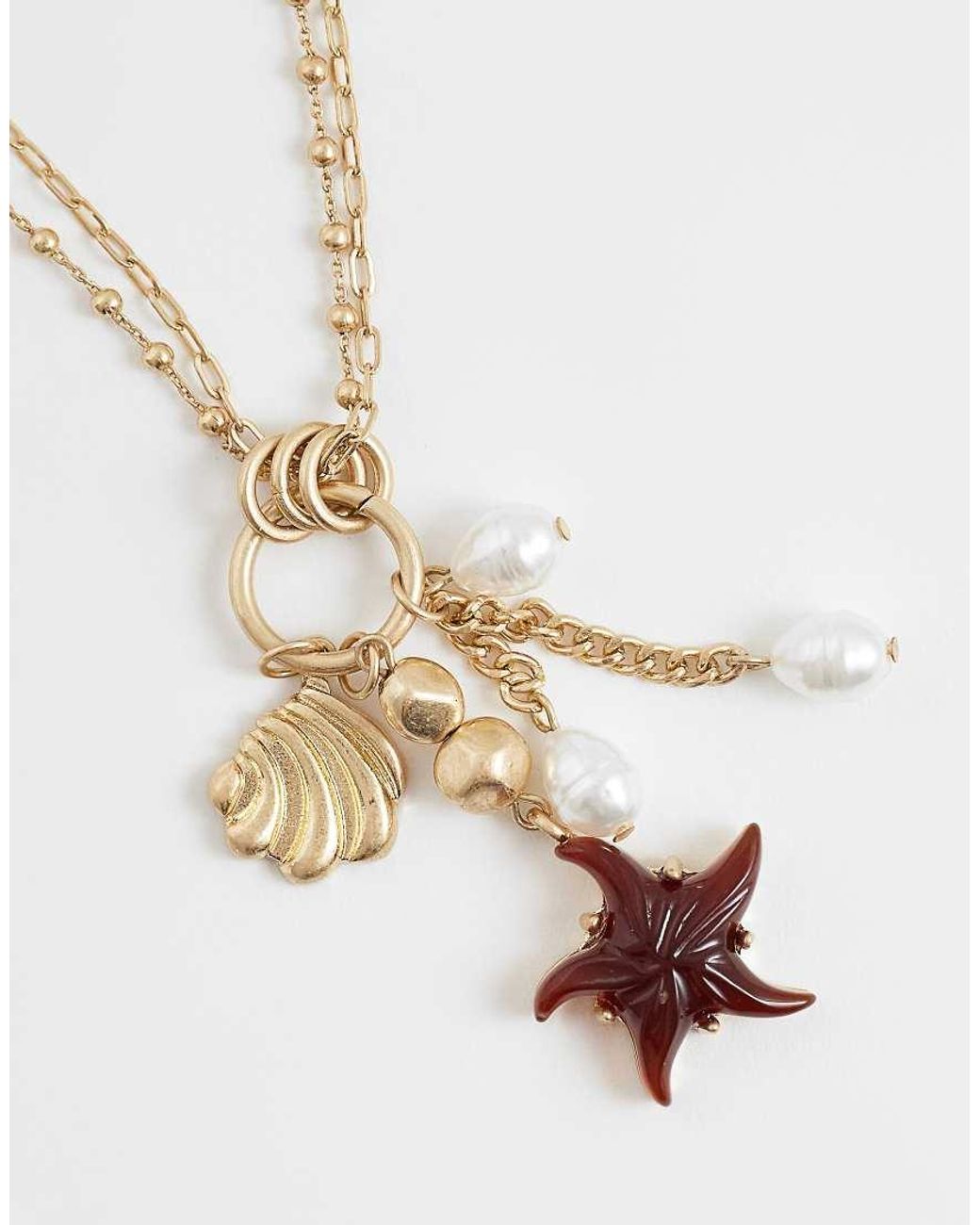 Reclaimed Vintage White Layered Chain Necklace With Charm Seashell Pendant