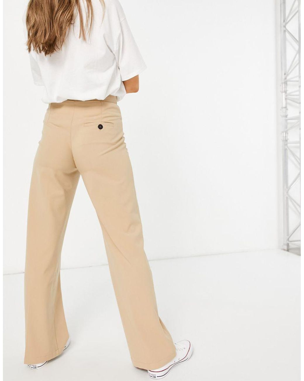 Bershka Natural Wide Leg Slouchy Dad Tailored Trousers