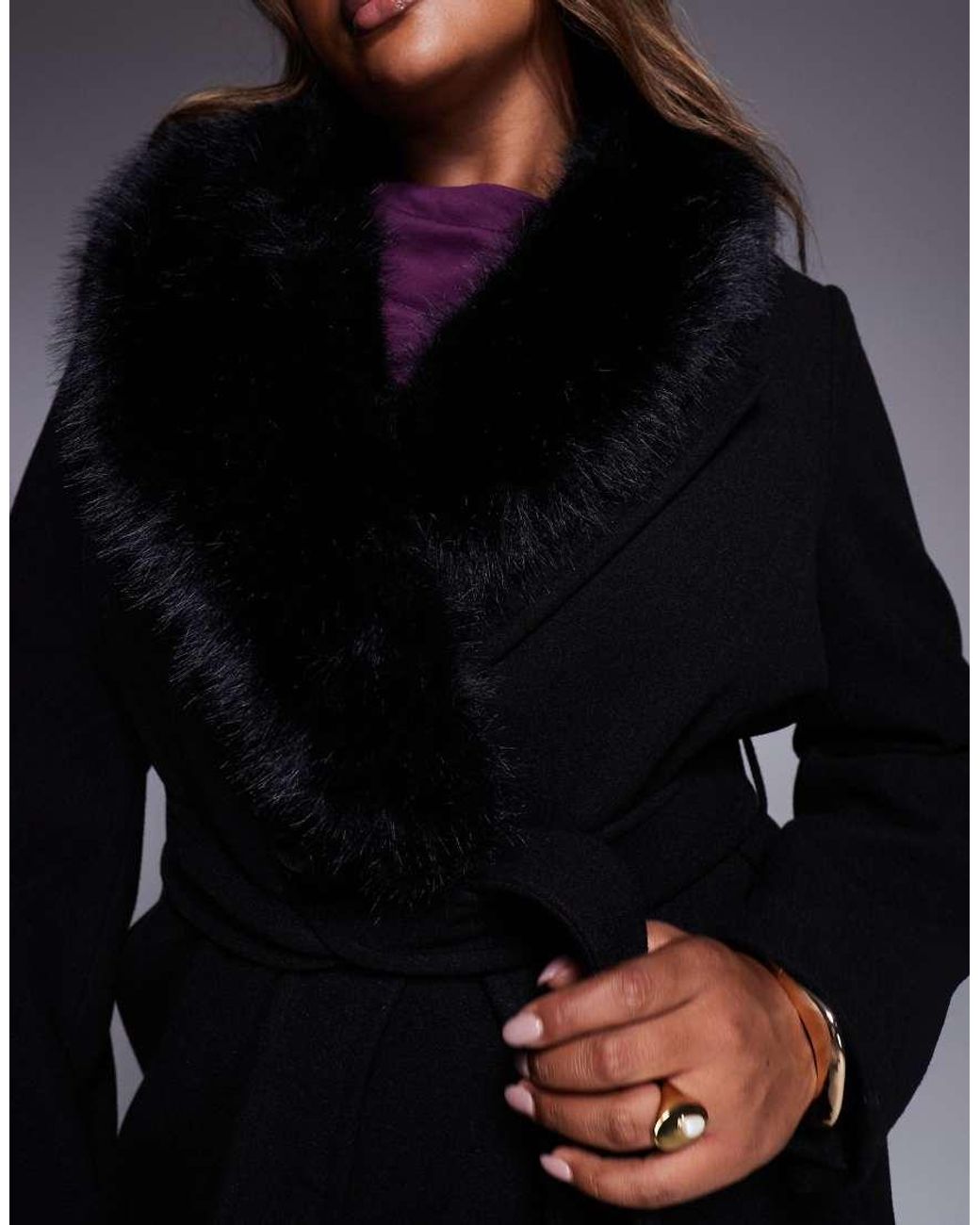 Forever New Purple Formal Belted Longline Detachable Faux Fur Shawl Collar Coat