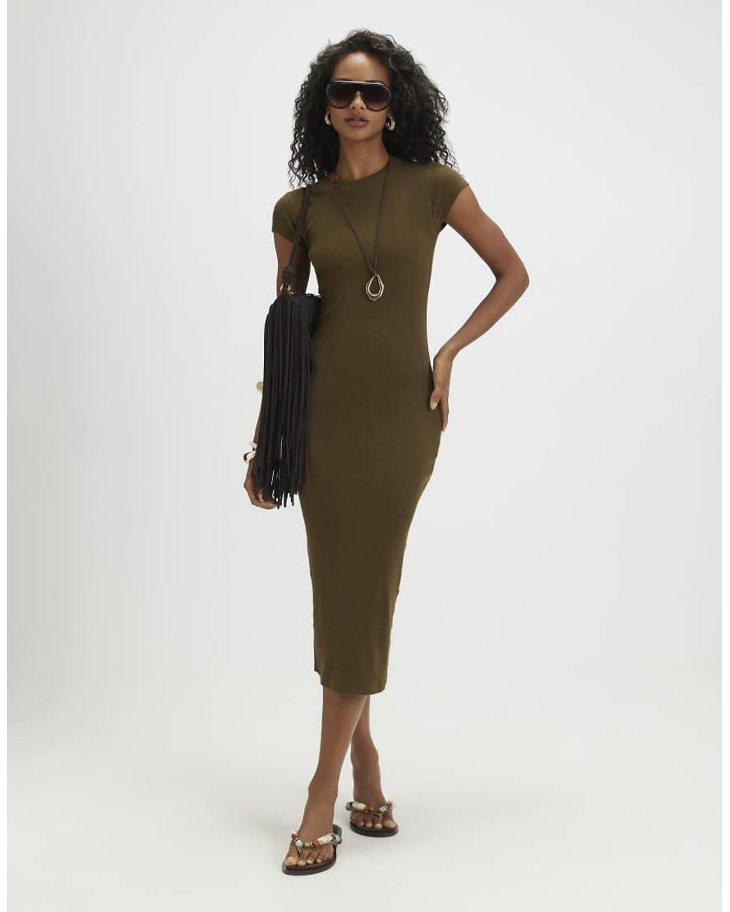 River Island Green Cotton Blend Cap Sleeve Midi Dress