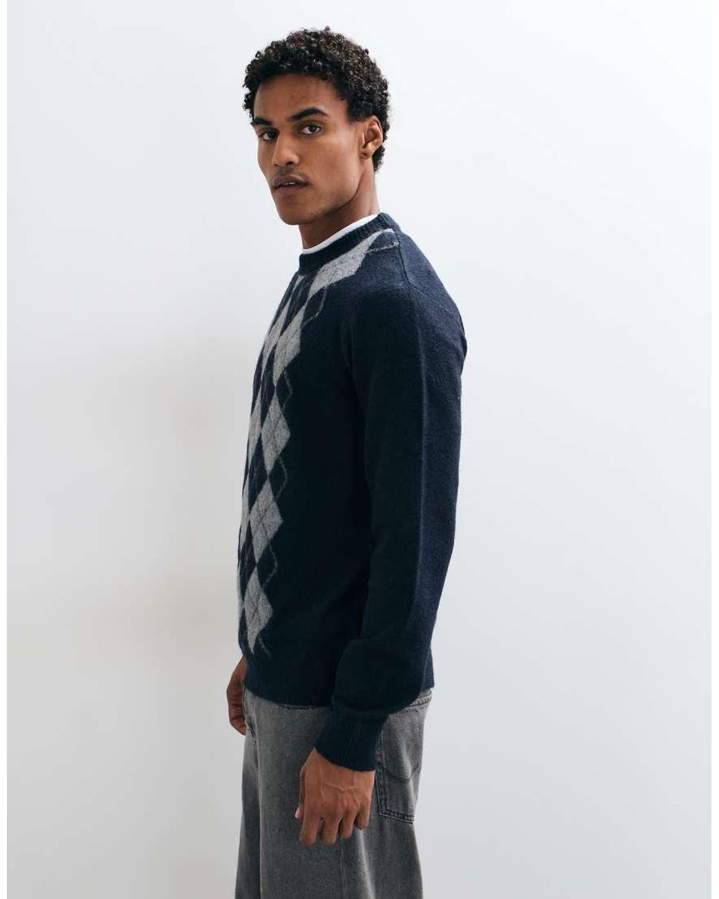 Threadbare Blue Argyle Knitted Crew Neck Jumper for men