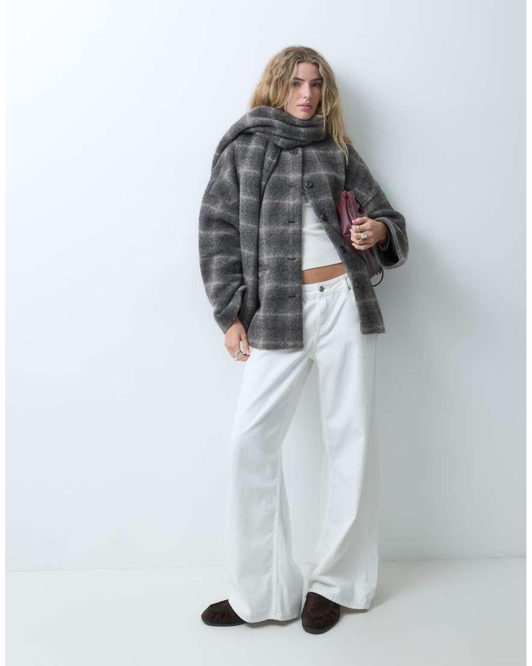 Object Gray Premium Short Wool-Blend Coat With Detachable Scarf