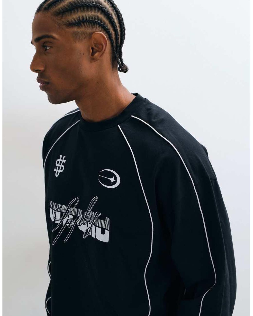 ASOS Blue Boxy Oversized Long Sleeve Top With Logo Print for men