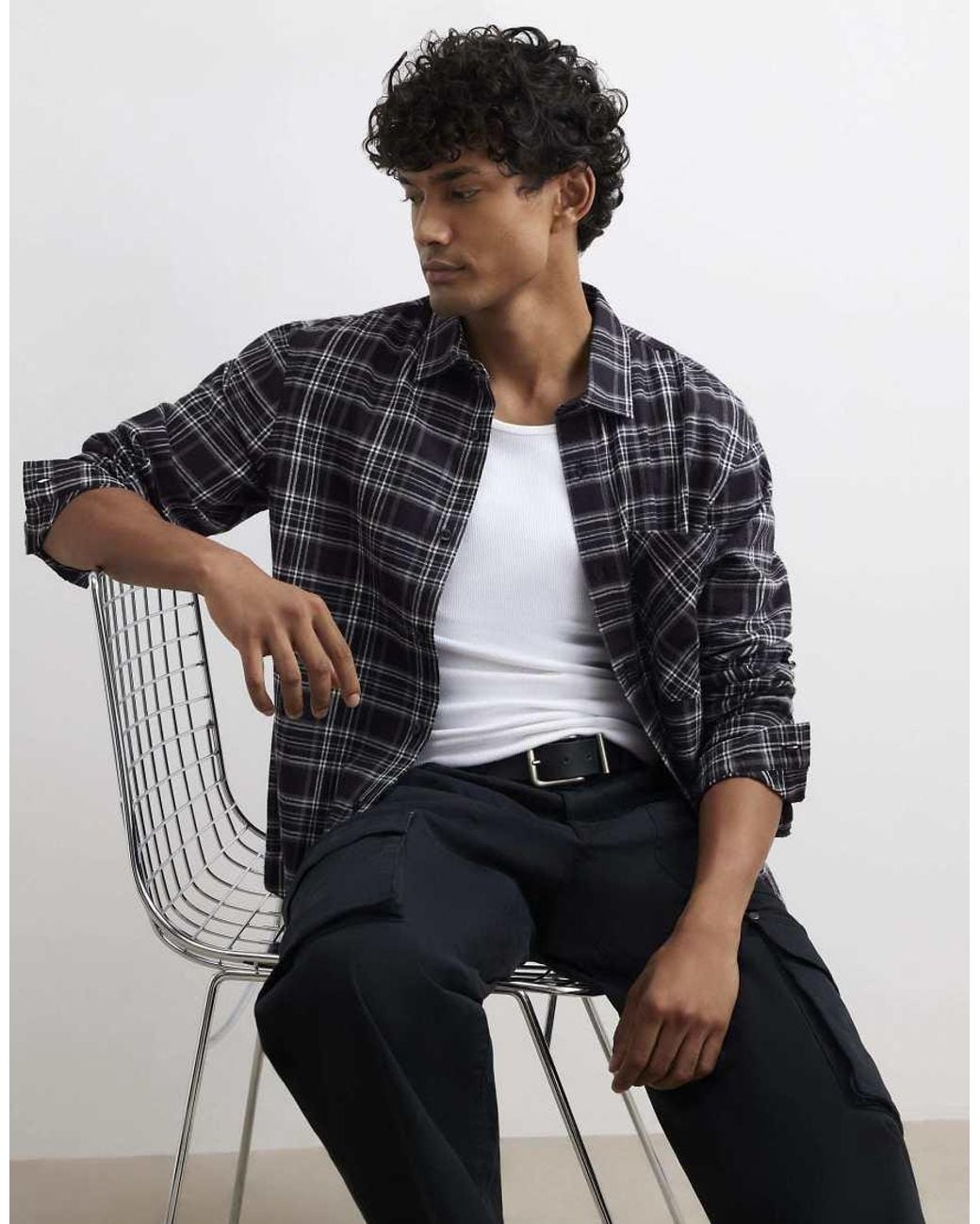 River Island Blue Regular Fit Cotton Check Shirt for men