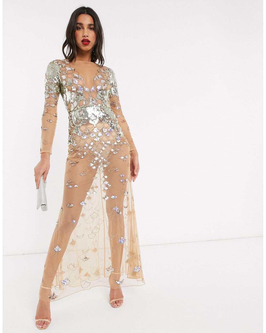 ASOS Sheer Long Sleeve Embellished Maxi Dress With Open Back in Metallic |  Lyst