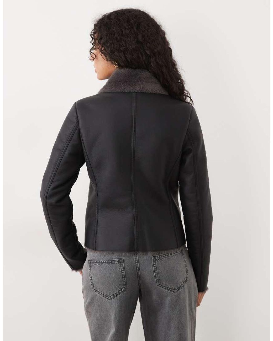 Mango Black Faux Leather Jacket With Faux Fur Trims