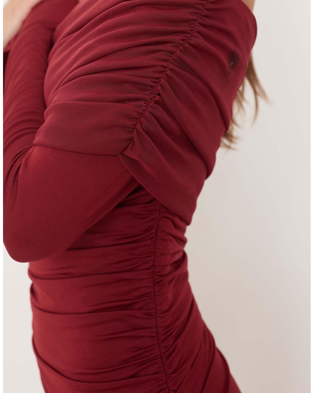 SNDY'S Red Mesh Asymmetric Shoulder Overlay Maxi Dress