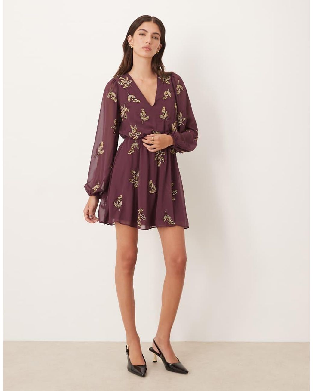 Maya Red Embellished Long Sleeve V Neck Mini Dress